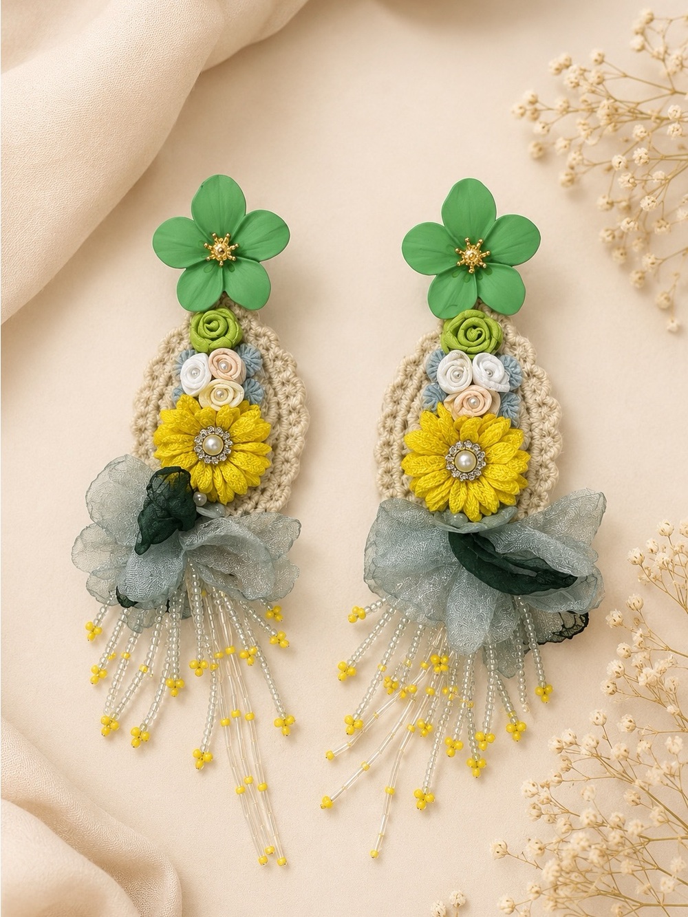 Handmade Green & Yellow Floral Statement Drop Earrings - Women Jewelry